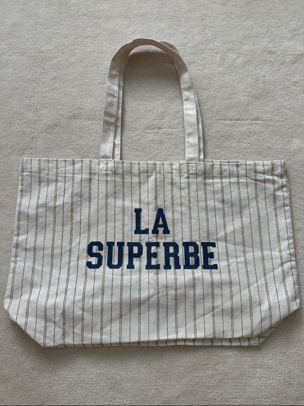 Sezane Cream Stripe 'La Superbe' Tote with Blue Text